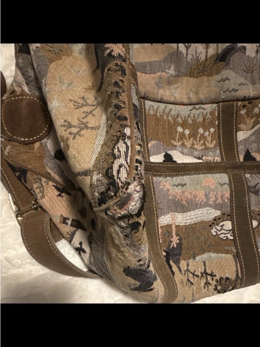 Vintage French western Tapestry Travel Tote Bag in Brown with suede Leather Trim - Picture 4 of 5